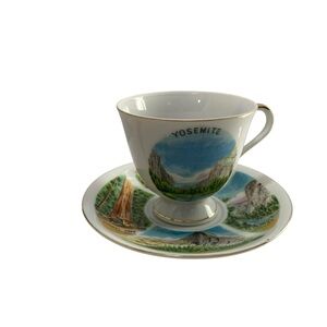 Vintage Yosemite National Park Footed Bone ChinaTea Cup Saucer Gold Gilded Trim